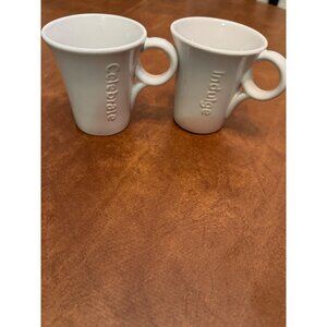 Set Of 2 White Ceramic Embossed Mugs "Celebrate" & "Indulge" Dishwasher & Microw